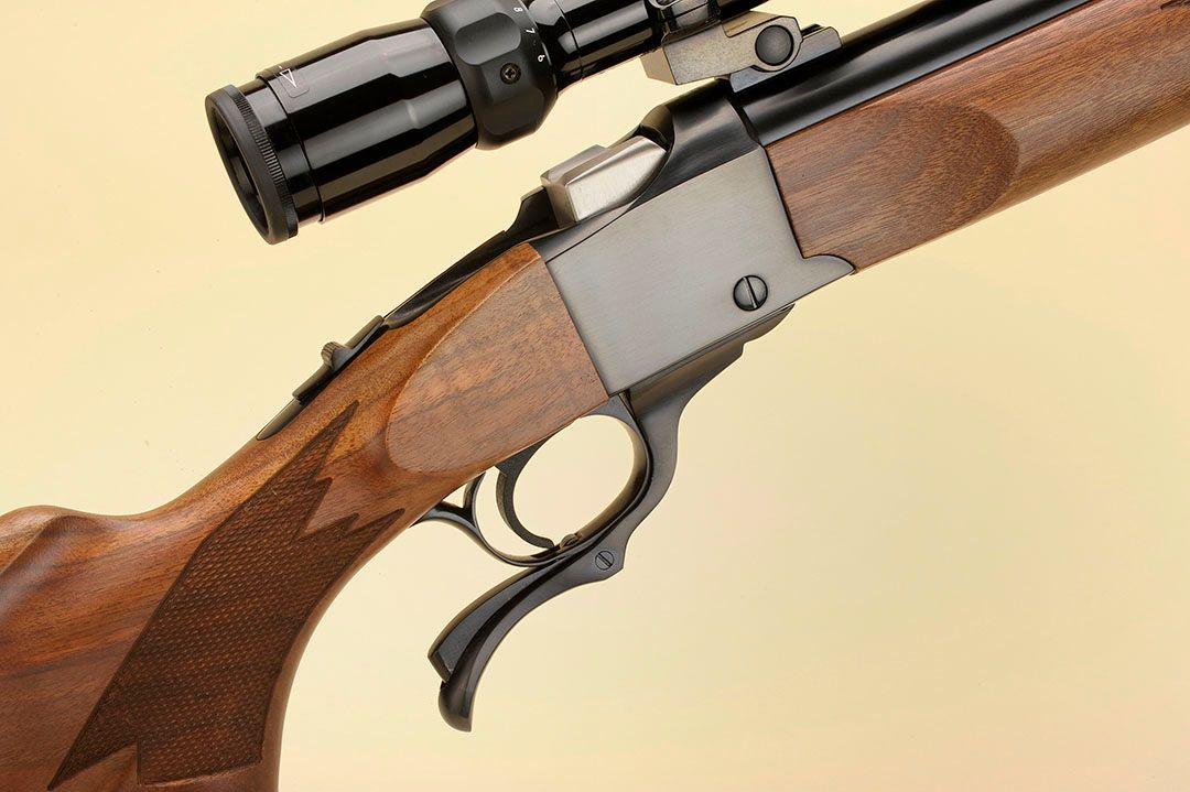 The receiver on the No. 1 is slim but strong enough to chamber the largest big-bore cartridges. Under lever locks in place through a notch on the trigger guard. Tang safety is standard.